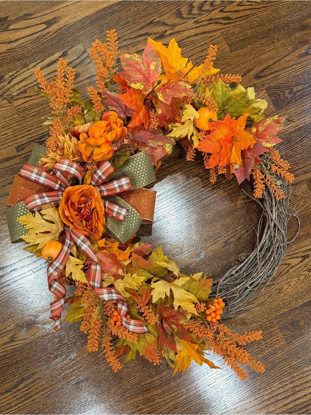 Harvest Orange and Gold Fall Wreath with Plaid Ribbon